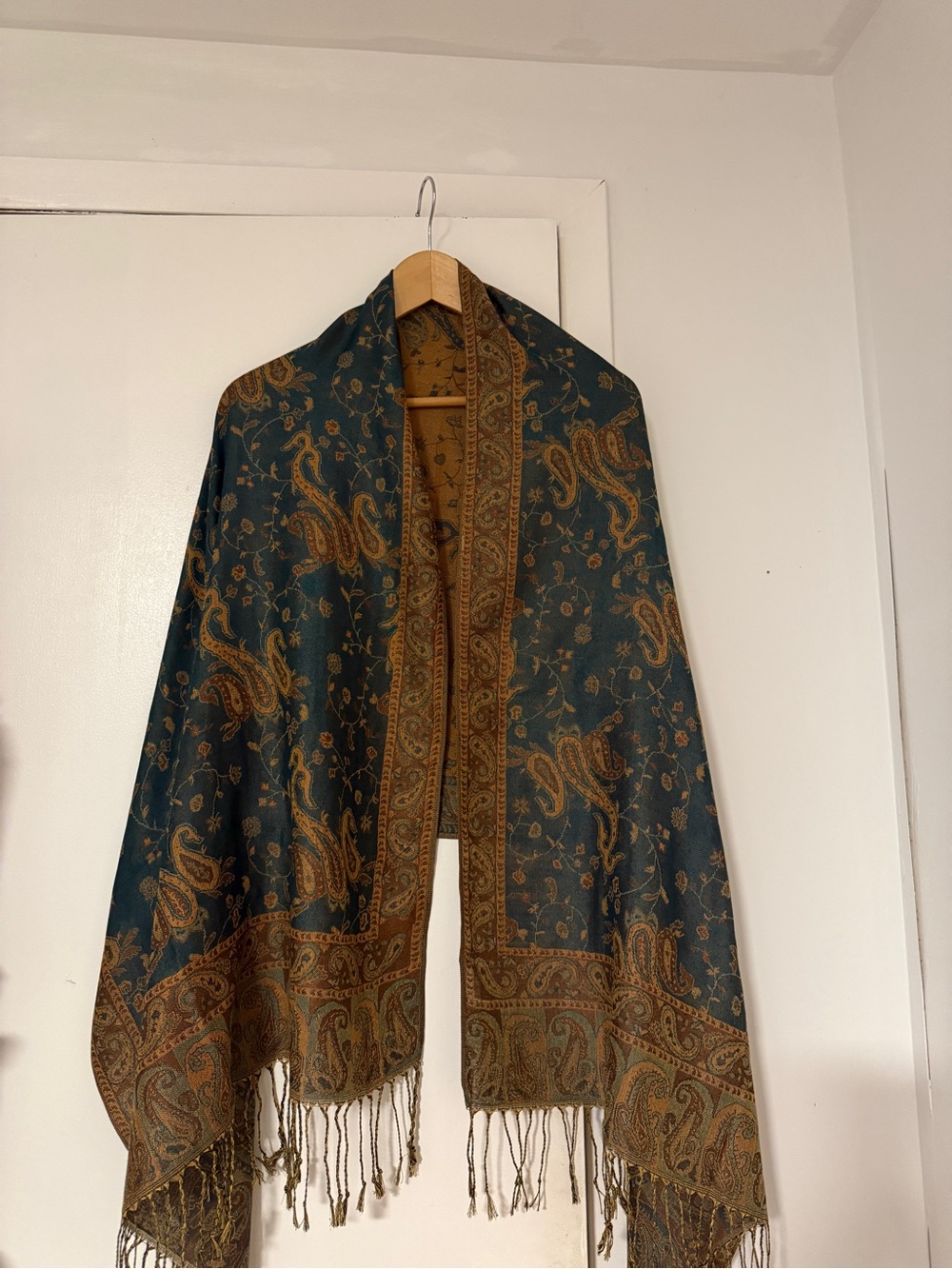 Teal and Gold Paisley Fringe Shawl